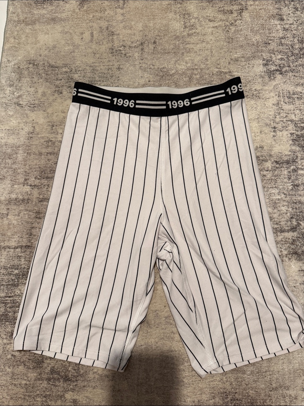 Womens White Pinstripe Shorts with Black Waistband